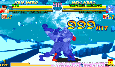 Marvel vs. Capcom running with a mirrored 999 HIT counter on the Player 2 side