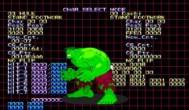 Marvel vs. Capcom Hit Editor Character Select Mode showing Hulk and animation geometry fields