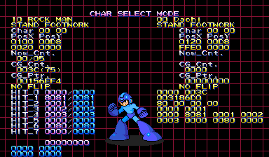 Marvel vs. Capcom Hit Editor Character Select Mode showing Rock Man Mega Man and animation geometry fields