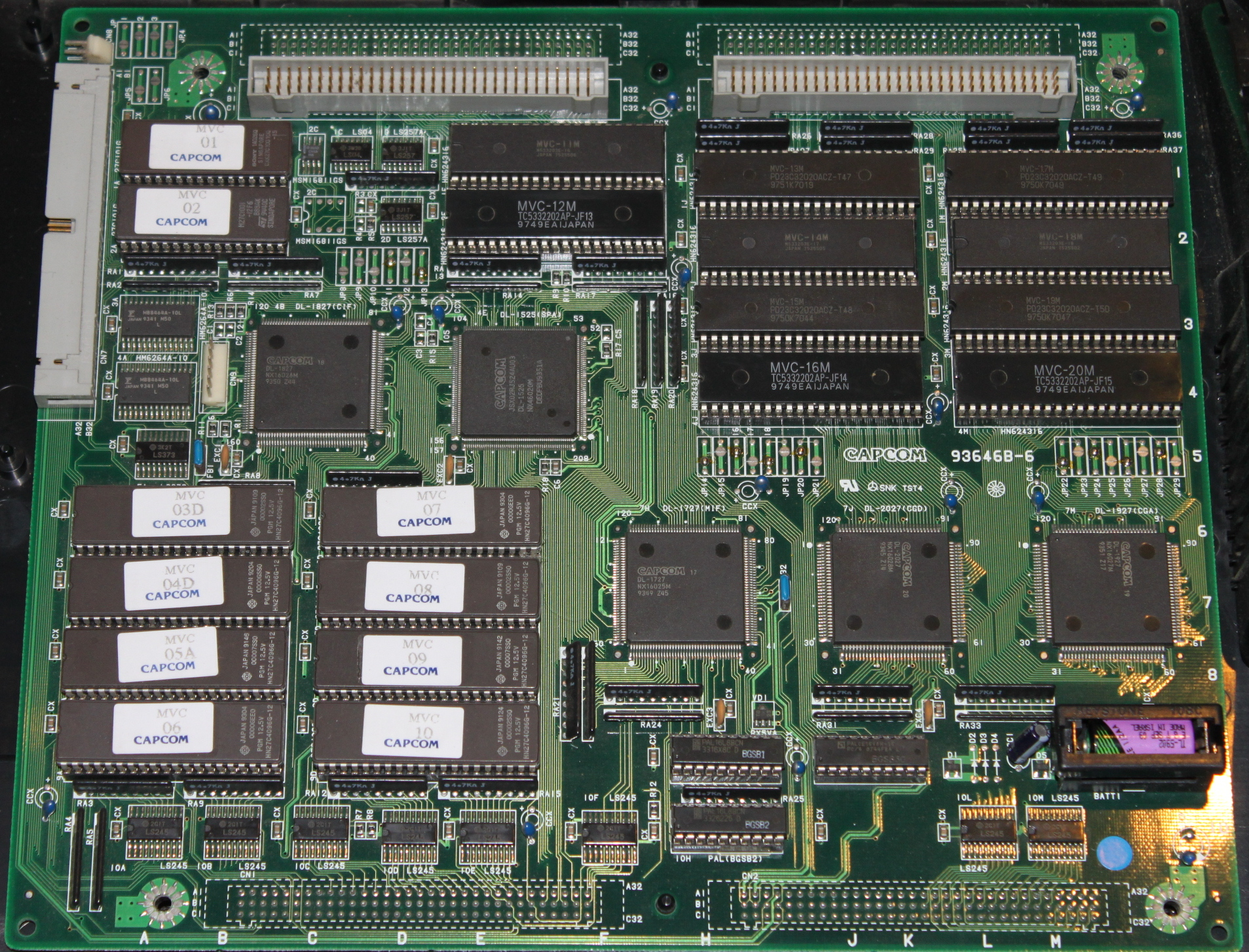 Reference 93646B-6 B-board photograph. Numbered overlays locate the eight program ROM sockets; the outlined 4E package is DL-1525.