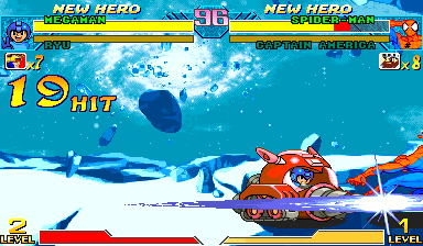 Mega Man fires from Beat Plane, with nineteen hits visible during the fresh-button trial