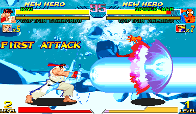 Ryu performs Shinkuu Hadoken against Spider-Man in the paired stock-ROM experiment