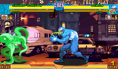 NYC street tier live in MvC1: police van with POLICE lettering, squad car, brownstones, Shuma-Gorath vs Venom