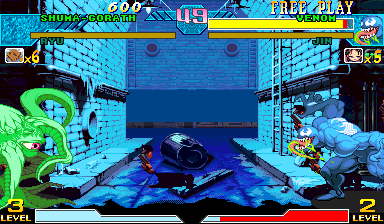 NYC underground tier live in MvC1: teal brick subway tunnel, archway, barrel prop, fight still running