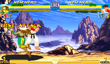 Dual Rogue finishing Power Drain on Ryu. HUD word ROGUE. Partner Ryu, P2 Ryu with Spider-Man.
