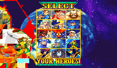 Character select: Hulk cell showing a miniature full-body Rogue idle