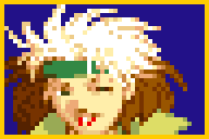48×32 Dual Rogue select cell: Rogue's smiling face, gold 1px frame, space-blue backdrop