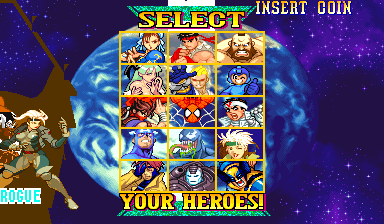 Character select: Hulk cell showing Rogue's smiling face filling the square, wordmark ROGUE