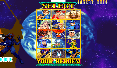 Character select: navy Shadow Rogue on the extra Orange Hulk cell, wordmark ROGUE