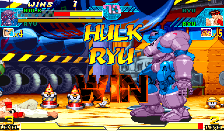 The end of a round in the render probe: the game announces HULK RYU WIN while Sentinel's sprite performs the win pose