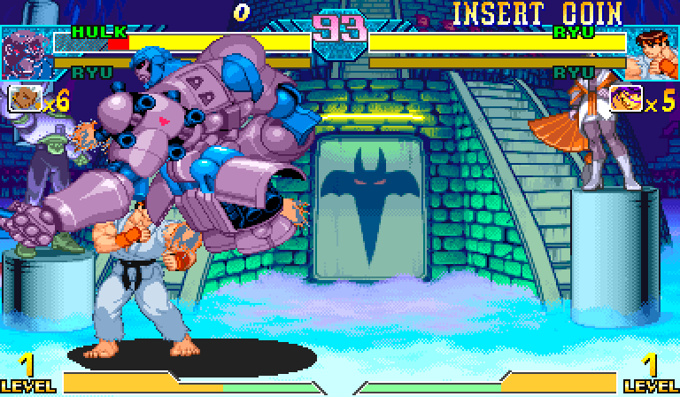 Sentinel's standing heavy punch landing on Ryu in stock Marvel vs. Capcom, the HUD reading HULK