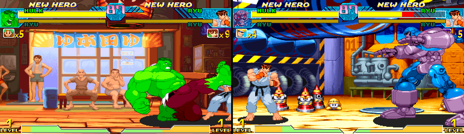 Frame 120 after the fixed input schedule begins on the stock ROM (Hulk, left) and on the render probe (Sentinel, right)