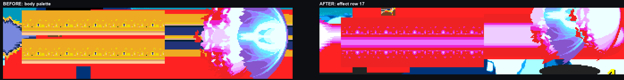 Two extreme zooms of the Hyper Viper Beam: gold and orange slabs on the left, a magenta core on the right