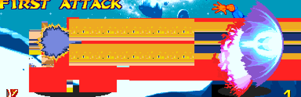 Extreme zoom on the Hyper Viper Beam drawn in gold and orange slabs, inheriting Cable's body palette