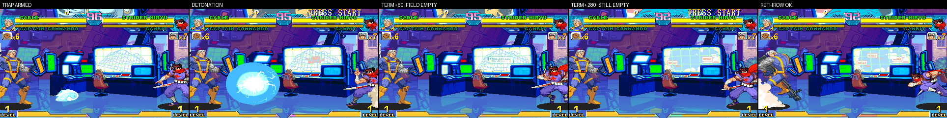 Five labelled Marvel vs Capcom frames in a row: the Electrap canister on the ground at Cable's feet, a blue electric detonation filling the lower screen, an empty field, another empty field, and Cable throwing a second trap