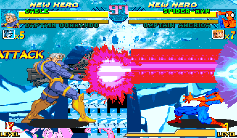v23, frame q060: the burst is at the gun and the shaft leaves at bore height toward a crouching Spider-Man