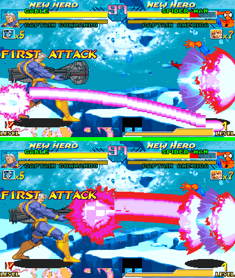 Two stacked Marvel vs Capcom frames. Top: the muzzle burst sits at the far left screen edge behind Cable and a thin pale cord runs from the screen edge through his legs across the whole screen. Bottom: the burst is on the rifle barrel in front of him and a thick red and white tube leaves the gun toward Spider-Man, his torso clear.