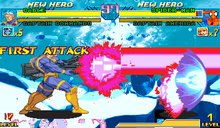 Cable on the left of the screen facing right, the muzzle burst on his rifle barrel and the beam shaft running to an impact flare on Spider-Man