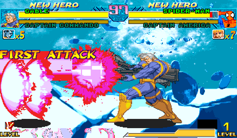 Cable on the right of the screen facing left, the burst on his barrel and the beam shaft running left, his torso clear