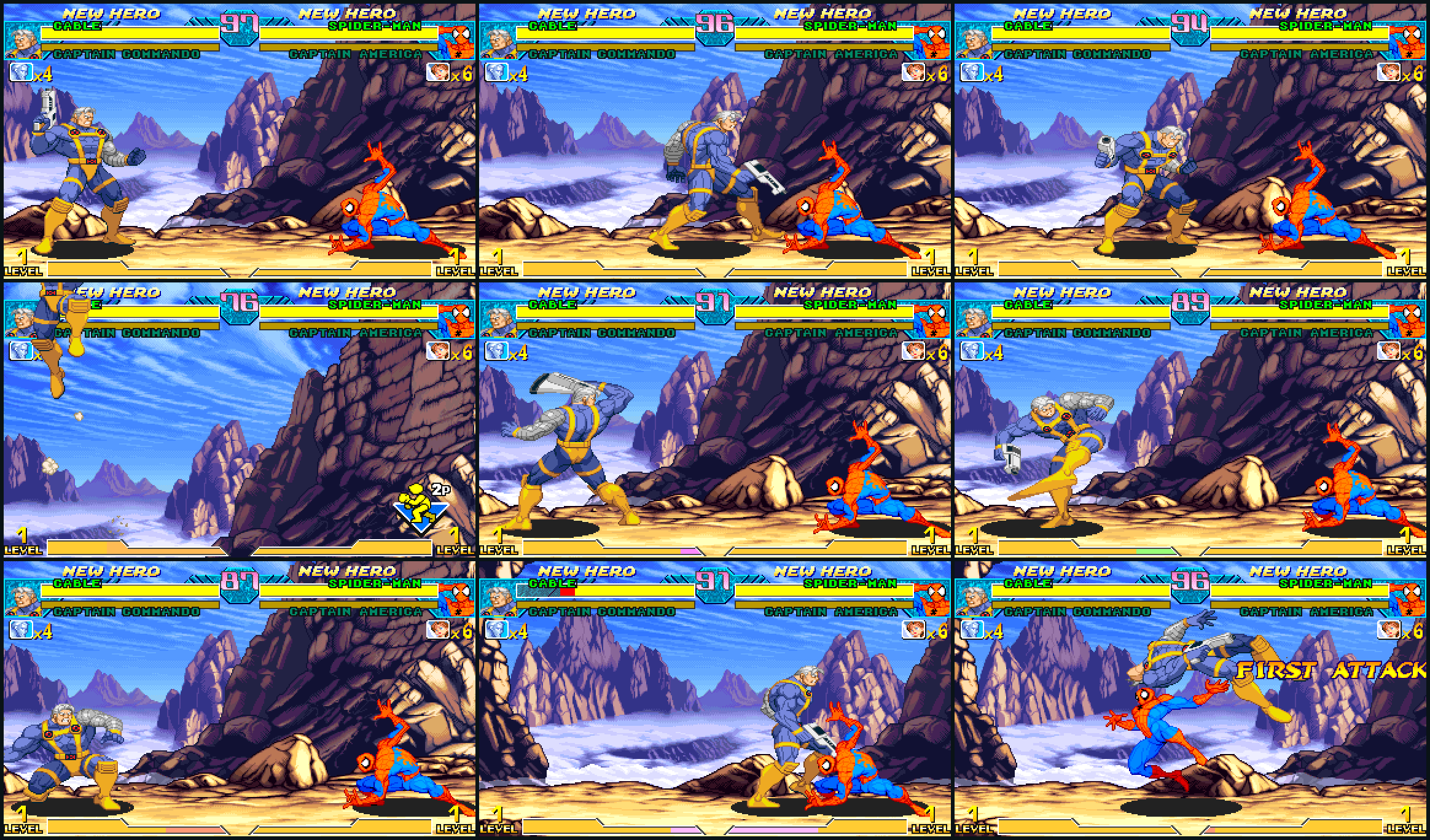A three by three grid of live Marvel vs Capcom captures showing Cable in nine different states: idle, walking, dashing, super jumping, standing heavy punch and kick, crouching heavy punch, blocking, and knocked down