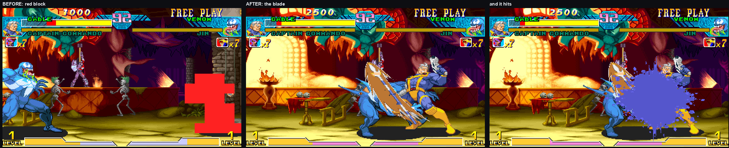 Three live Marvel vs Capcom captures of Cable's Psimitar