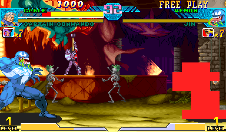 Live Marvel vs Capcom capture with a large flat red block standing where the Psimitar should be
