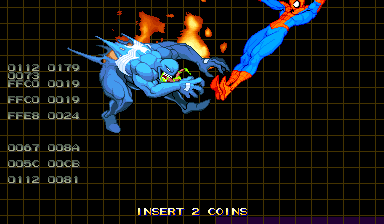 Marvel vs Capcom attract-mode fight with the developer debug grid overlaid across the screen and a column of hex coordinate and velocity readouts down the left edge