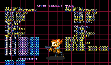 The HIT EDITER screen in CHAR SELECT MODE, showing per-side readouts for animation name, Char Gp, PosX/PosY, CG_Cnt, Now_Cnt and CG_Ptr, with HIT 0 through HIT 7 hitbox slot bars and a character sprite centred on a debug grid
