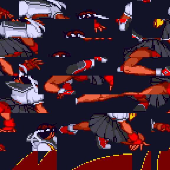 The 81 recovered Dark Sakura tiles in a 9 by 9 grid: skirt pleats, collar and limb fragments in her dark palette