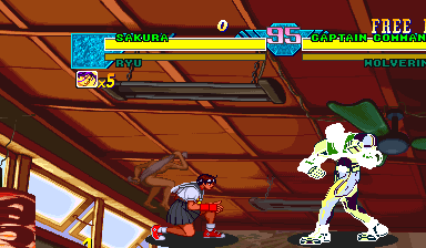 A match mid-crash: the camera stuck at the bathhouse ceiling, HUD strips displaced across the middle of the screen, both fighters shoved to the bottom of the frame