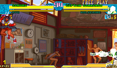 The same bathhouse stage rendering normally with an intact HUD, Dark Sakura airborne at the left mid-dragon-punch