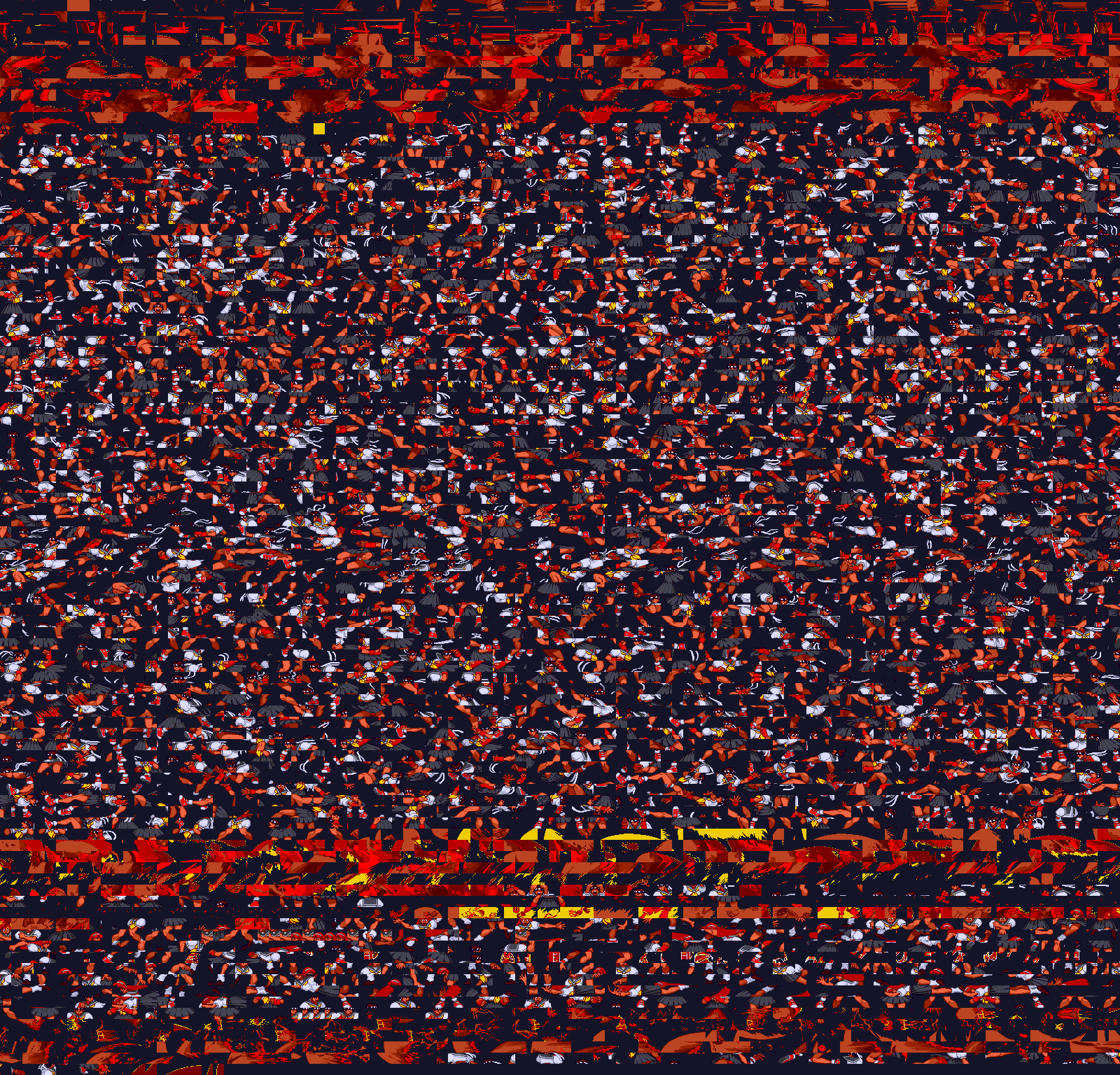 A dense contact sheet of all 9,520 imported Dark Sakura tiles in her own palette: repeated grey pleated skirts, white sleeves, red gloves and sneakers, with red and yellow effect bands at the top and about four-fifths down