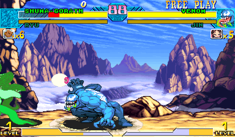 Frame +10: the eyeball (cream body, pink iris) just launched, Shuma's tentacles at frame left, Venom mid-screen