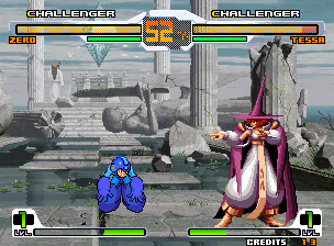 Mega Man performing a heavy normal against Guile inside SVC Chaos
