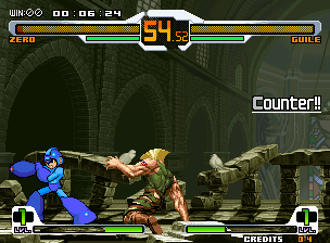 Mega Man presenting a heavy punch against Guile inside SVC Chaos