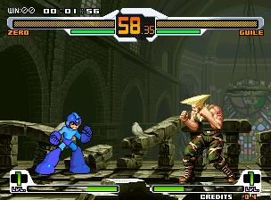 Bright opaque Mega Man standing on the left in SVC Chaos facing Guile