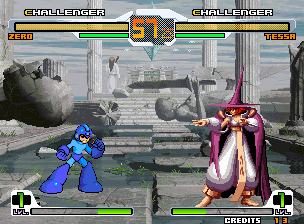 Opaque Mega Man on the left side of an SVC Chaos match facing right toward Guile