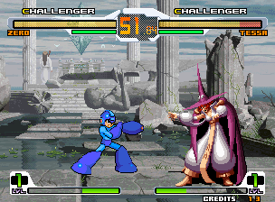 Mega Man presenting an imported special-move body sequence inside SVC Chaos