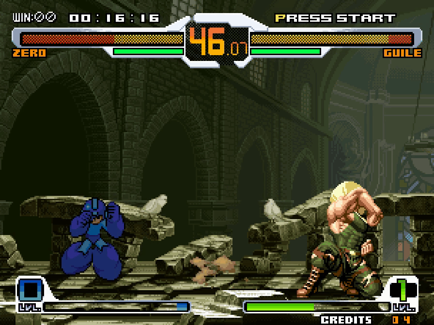Mega Man in the Hyper Mega Man body sequence while SVC Zero's Spiral Shot mechanics execute
