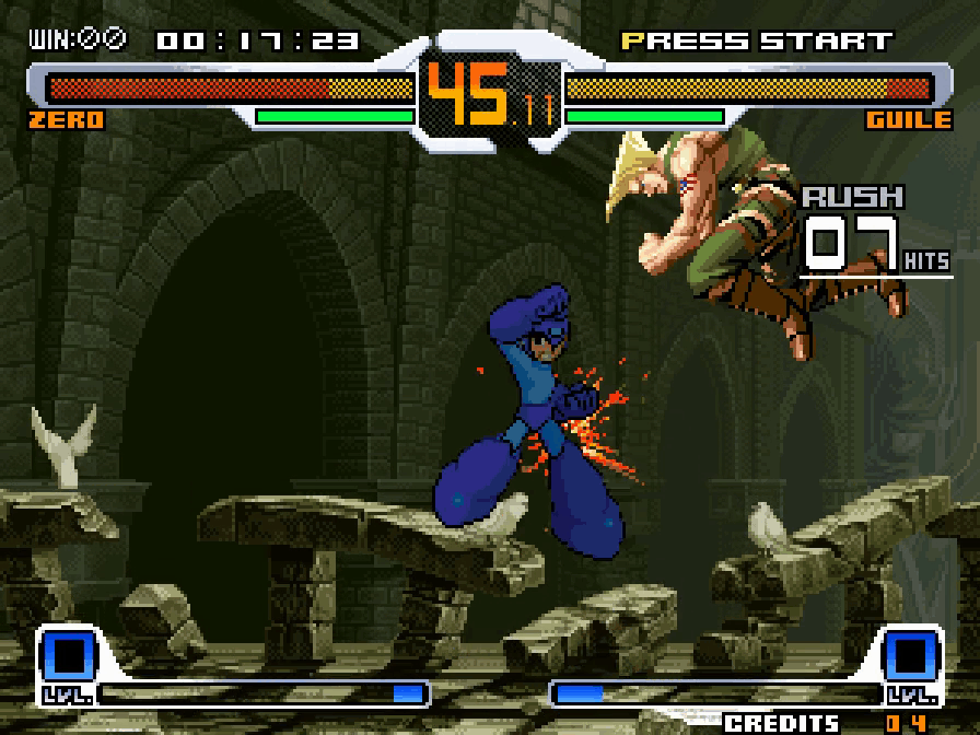 Mega Man in the Rush Drill body sequence during an SVC Ultimate Saber demonstration