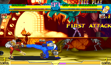 Dark Sakura fighting Captain Commando with her own name in the Marvel vs. Capcom life bar.