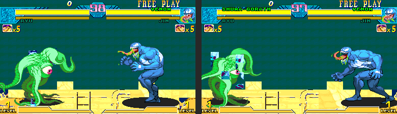 In-match lifebar, before and after the name-routing fix: Shuma reads SHUMA-GORATH