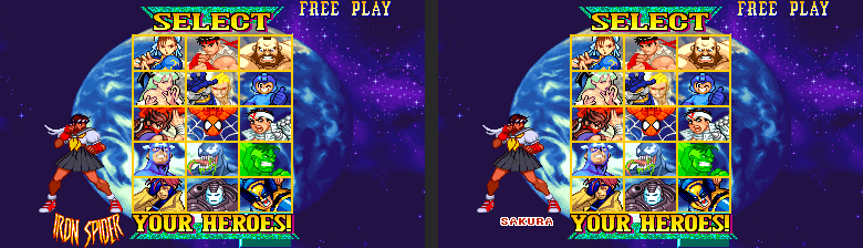 Before-and-after Marvel vs. Capcom select captures showing Dark Sakura side art and name replacing the prior Iron Spider presentation