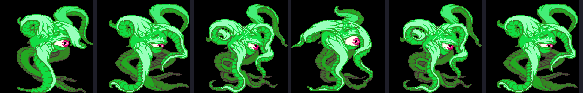 Six frames of Shuma-Gorath's select panel idle animation in a row