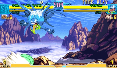 The frame the emulator stopped on at the moment of the LINE-F exception: Shuma-Gorath mid-Mystic-Smash, the ball still in flight at the lower left, the HUD and the timer frozen at 98