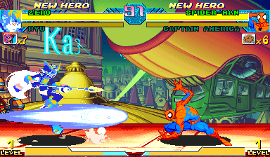Zero performing a large crouching saber attack inside Marvel vs Capcom