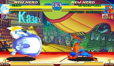 Zero performing a standing heavy attack inside Marvel vs Capcom