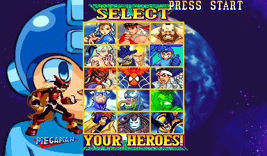 Zero standing on the left side of Marvel vs. Capcom's character select while the destination remains Mega Man's slot
