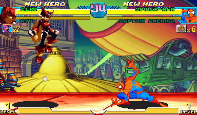 Fresh emulator capture of Zero airborne during Marvel vs Capcom's native super jump