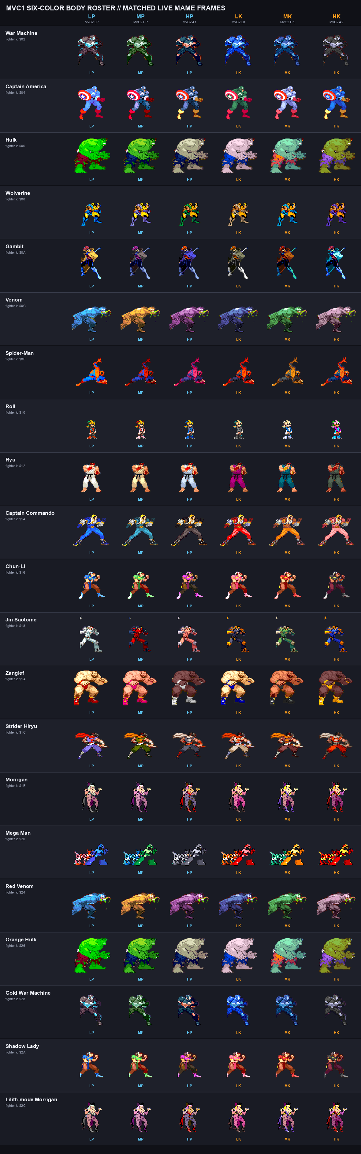 All 21 selectable fighters across six body palettes